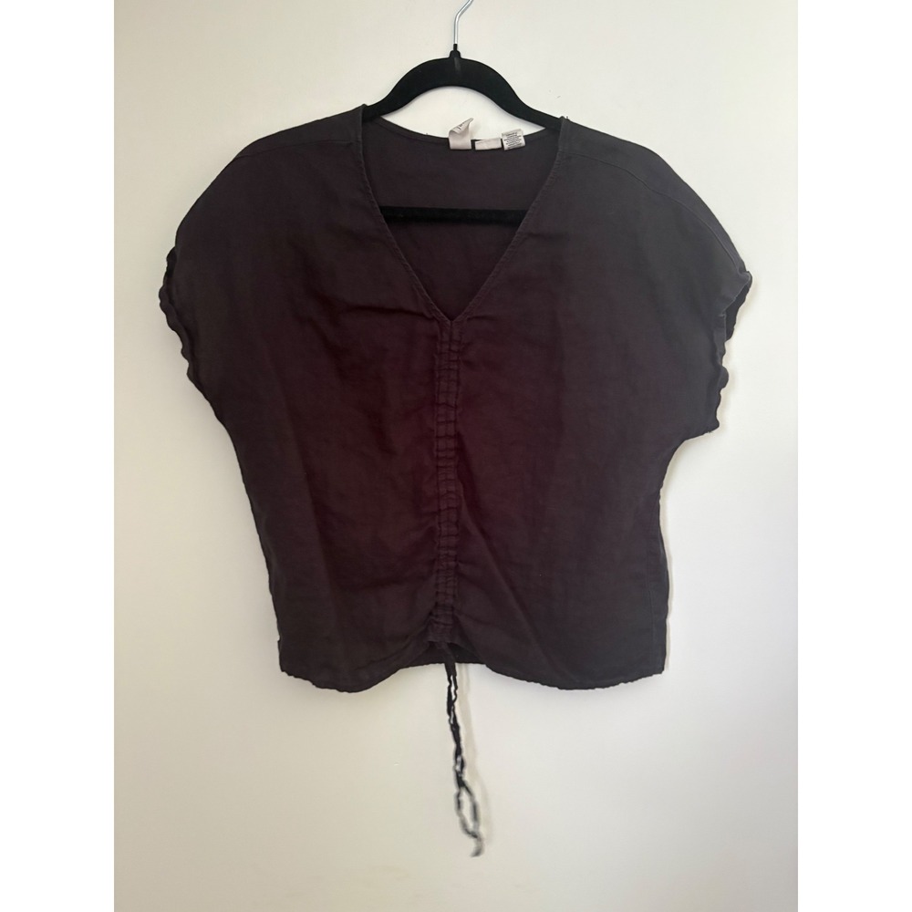 Joie Black 100% Linen V-Neck Cinched Drawstring Top Size Medium Boxy Cropped